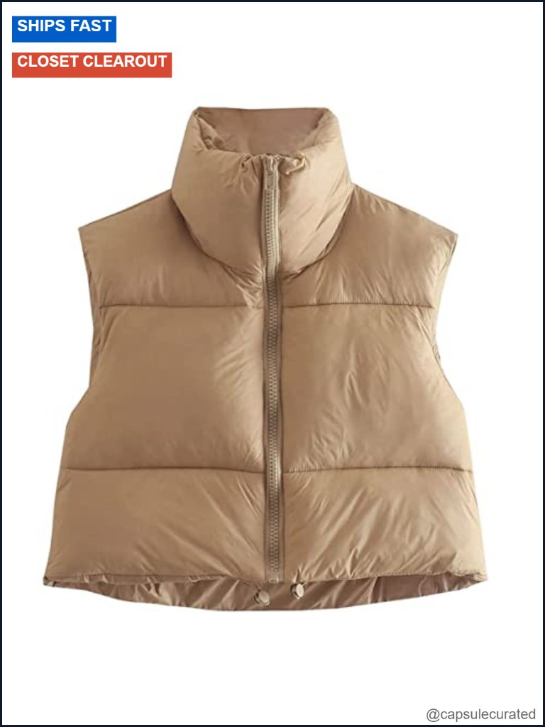 Women's Lightweight Cropped Puffer Vest Sleeveless Stand-Up Collar Full Zip